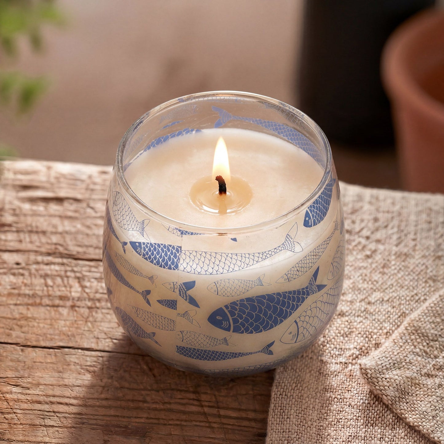 Detailed close up view highlighting the high quality craftsmanship and individual features of the medium glass jar candles seabreeze485