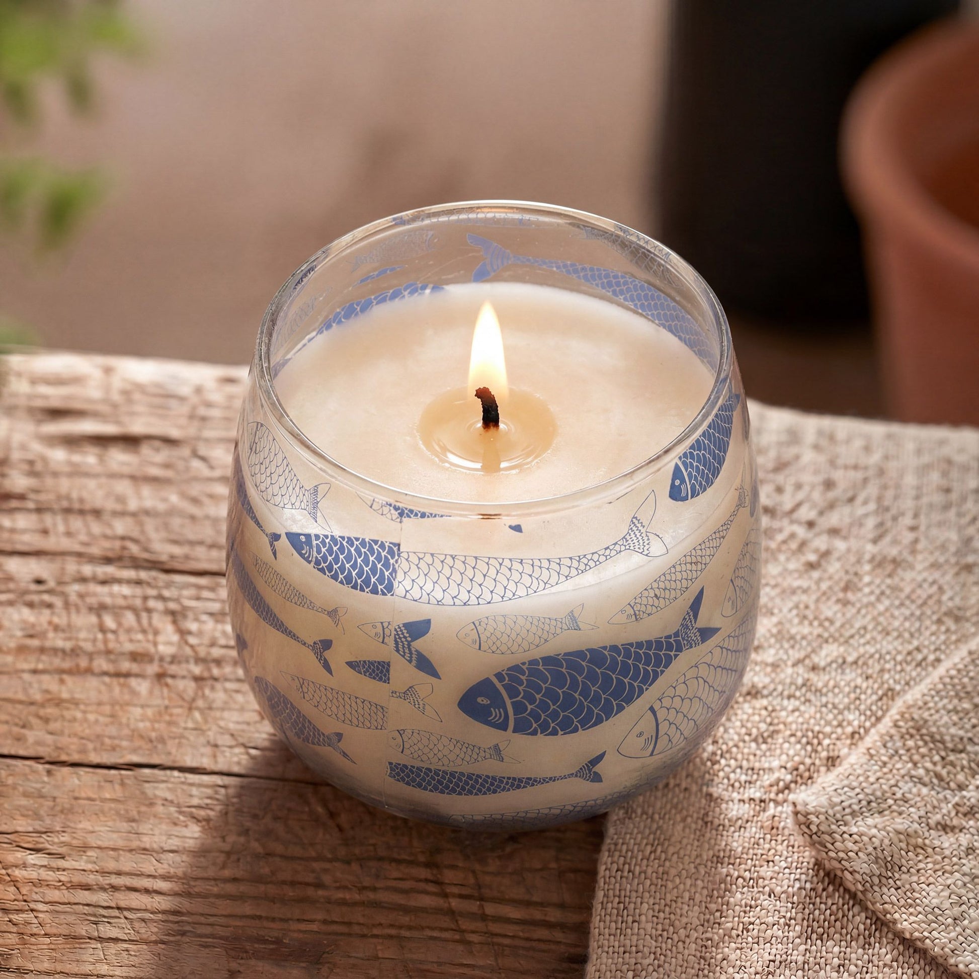 Detailed close up view highlighting the high quality craftsmanship and individual features of the medium glass jar candles seabreeze485