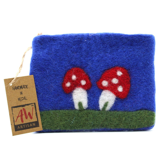 Natural Felt Zipper Pouch (asst) - Mystic Mushrooms lifestyle product photo on neutral background