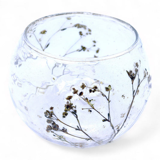 Luxury presentation of the natural floral glass bowl candle holder margarita 8x10cm562 showing the premium artisan packaging and complete set contents