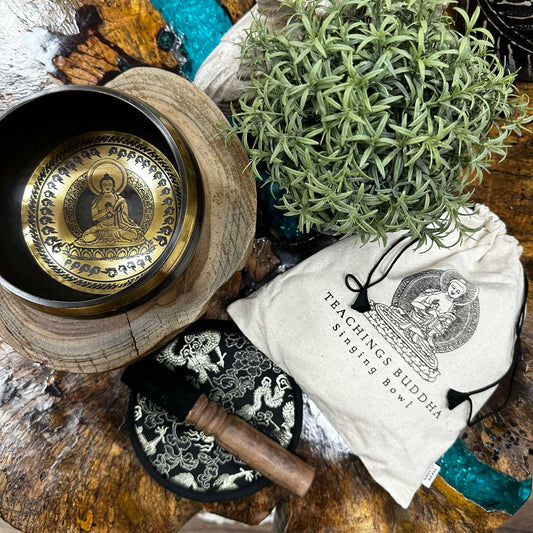 Hand Beaten & Engraved Singing Bowl Gift Set - 14cm - Teachings Buddha lifestyle product photo on neutral background
