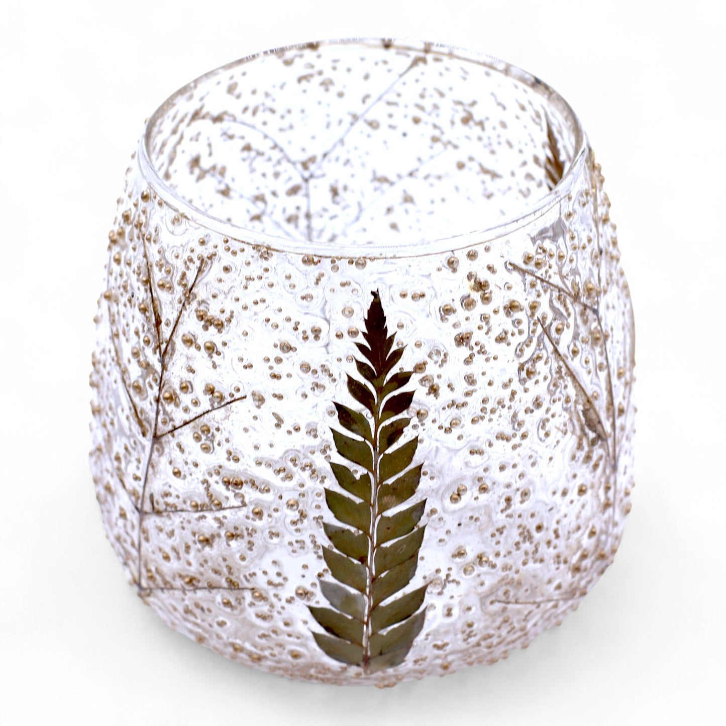 Detailed close up view highlighting the high quality craftsmanship and individual features of the natural floral glass straight candle holder pino 10x9cm651