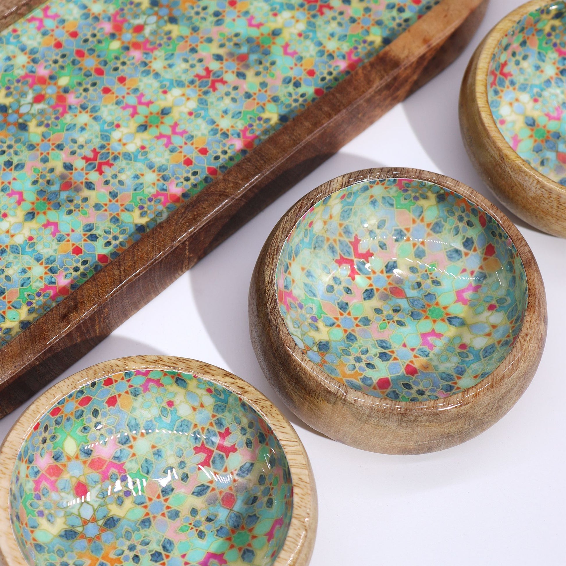 Mango Wood Tray with 3 Bowls - Mediterranean Tile pattern from our luxury mango wood bowls, trays & coasters collection