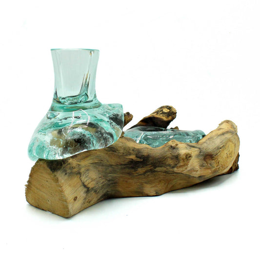 Molten Glass Small Flower Vase and Tealight Holder on Wood lifestyle product photo on neutral background