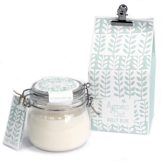 Luxury presentation of the agnes cat kilner jar candle dolly blue568 showing the premium artisan packaging and complete set contents
