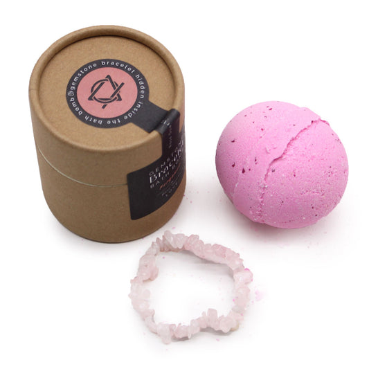 Rose Quartz Gem Bracelet Bath Bomb lifestyle product photo on neutral background