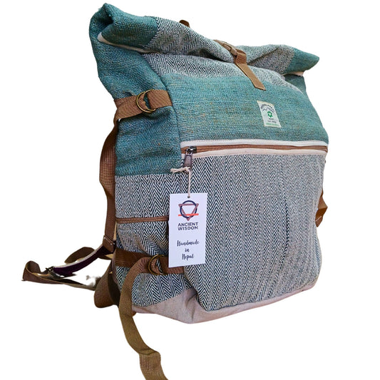 Hemp Trekking Rolling Backpack - Sage lifestyle product photo on neutral background