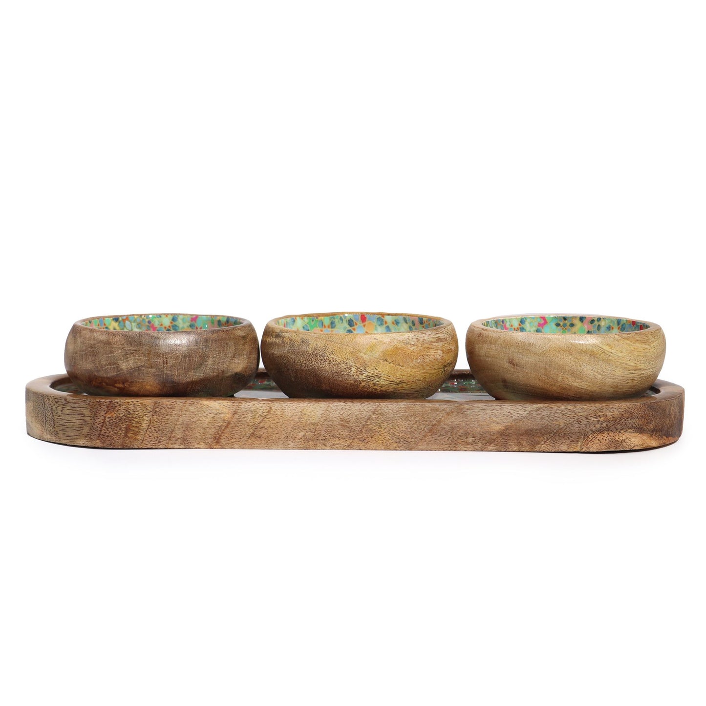 Mango Wood Tray with 3 Bowls - Mediterranean Tile pattern from our luxury mango wood bowls, trays & coasters collection