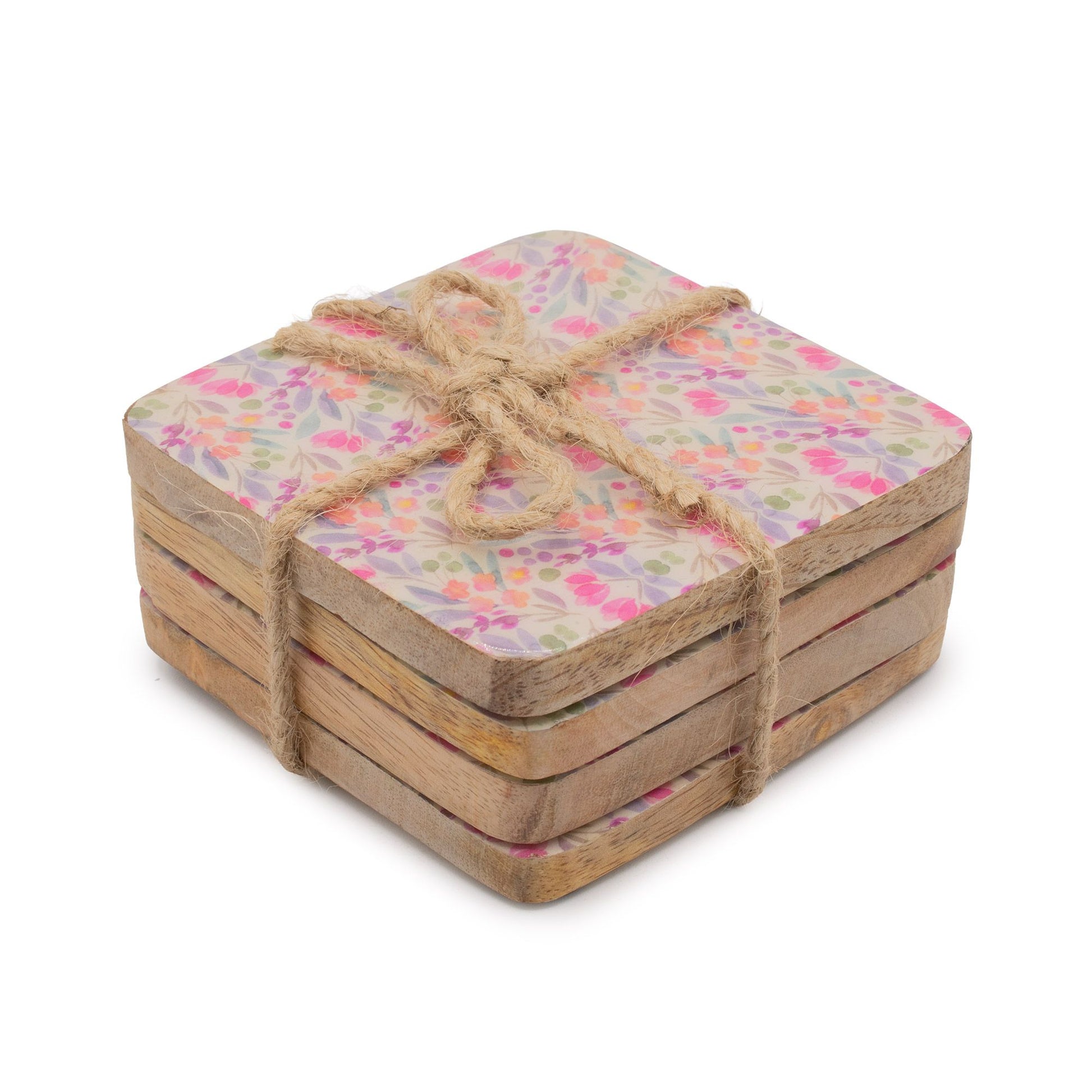 Set of 4 Square Coasters - Pretty Floral from our luxury mango wood bowls, trays & coasters collection