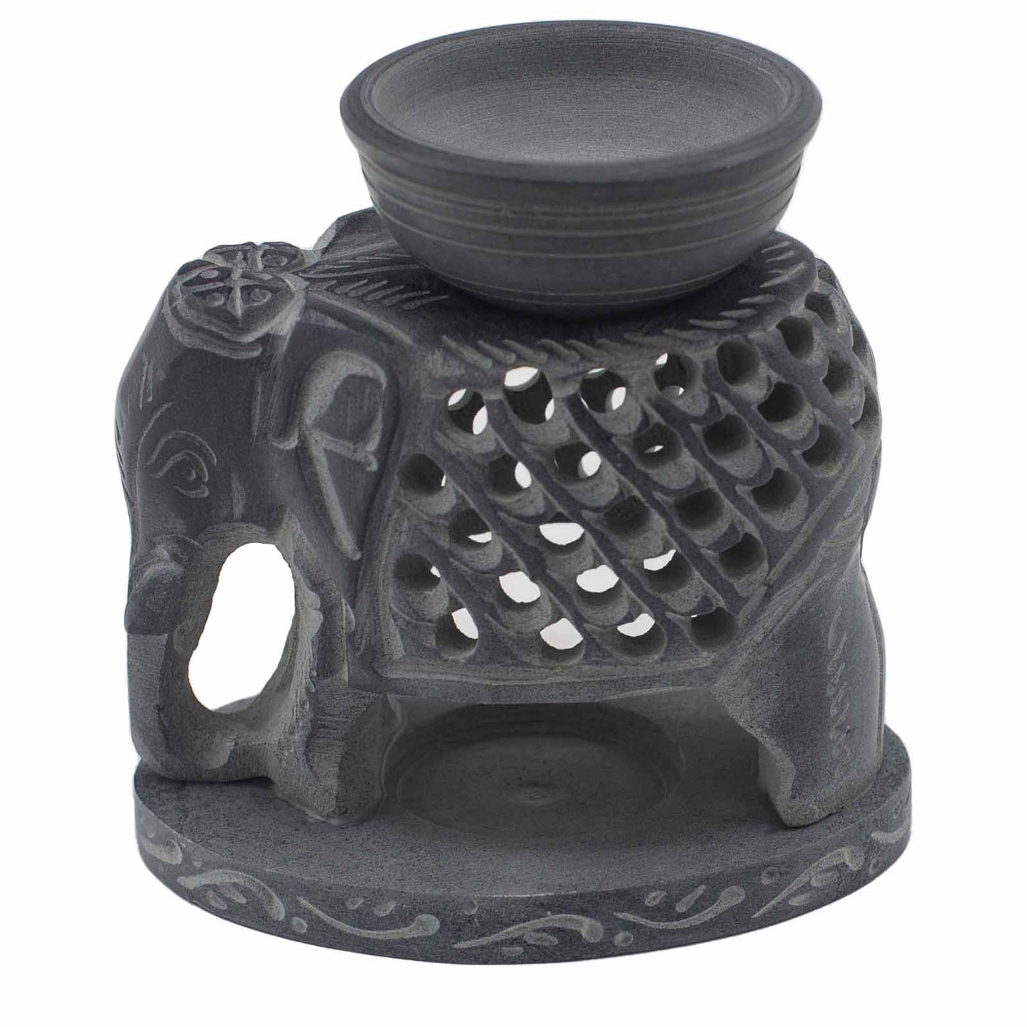 Soapstone Oil Burner 10.5cm - Standing Elephant lifestyle product photo on neutral background