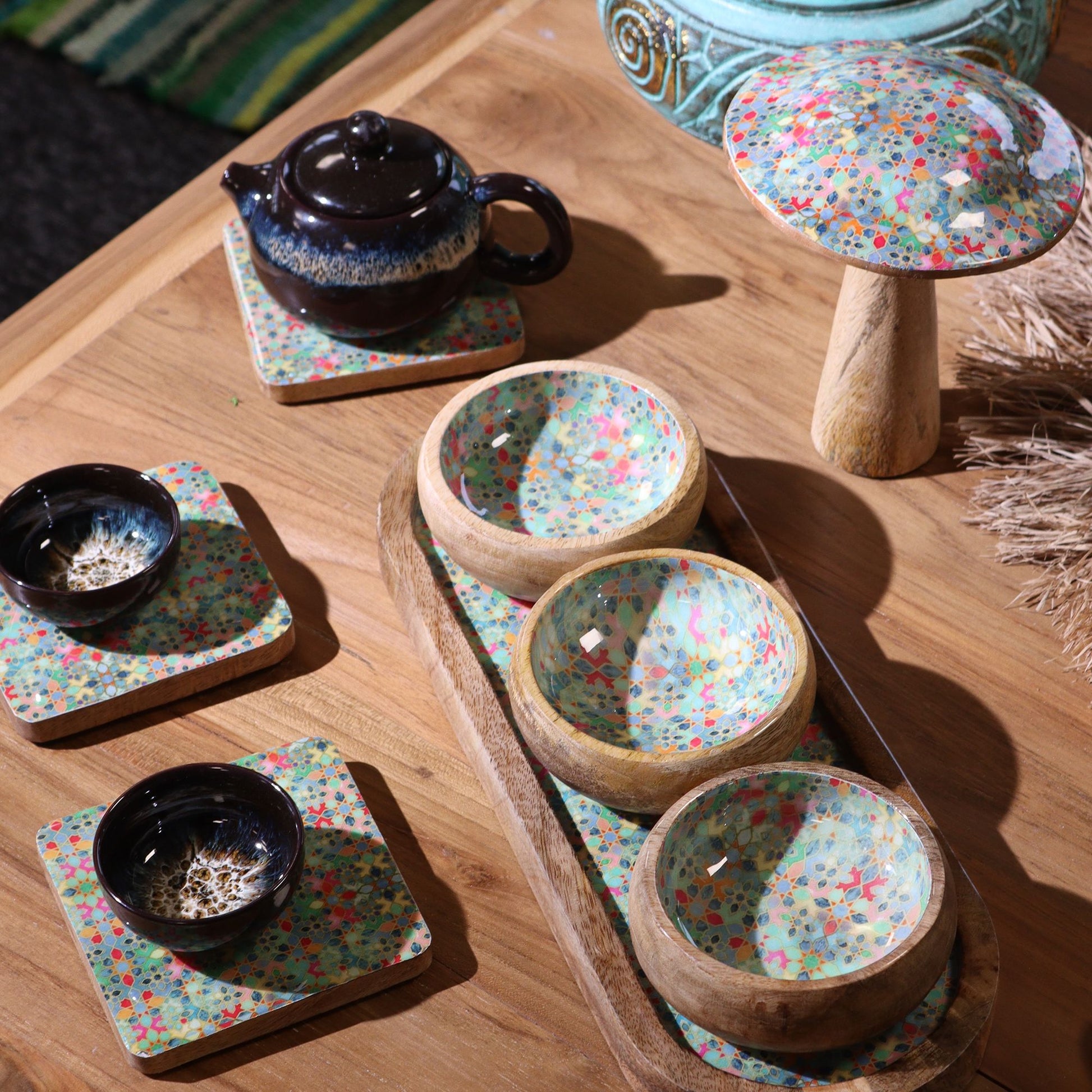 Set of 4 Square Coasters - Mediterranean Tile Pattern from our luxury mango wood bowls, trays & coasters collection