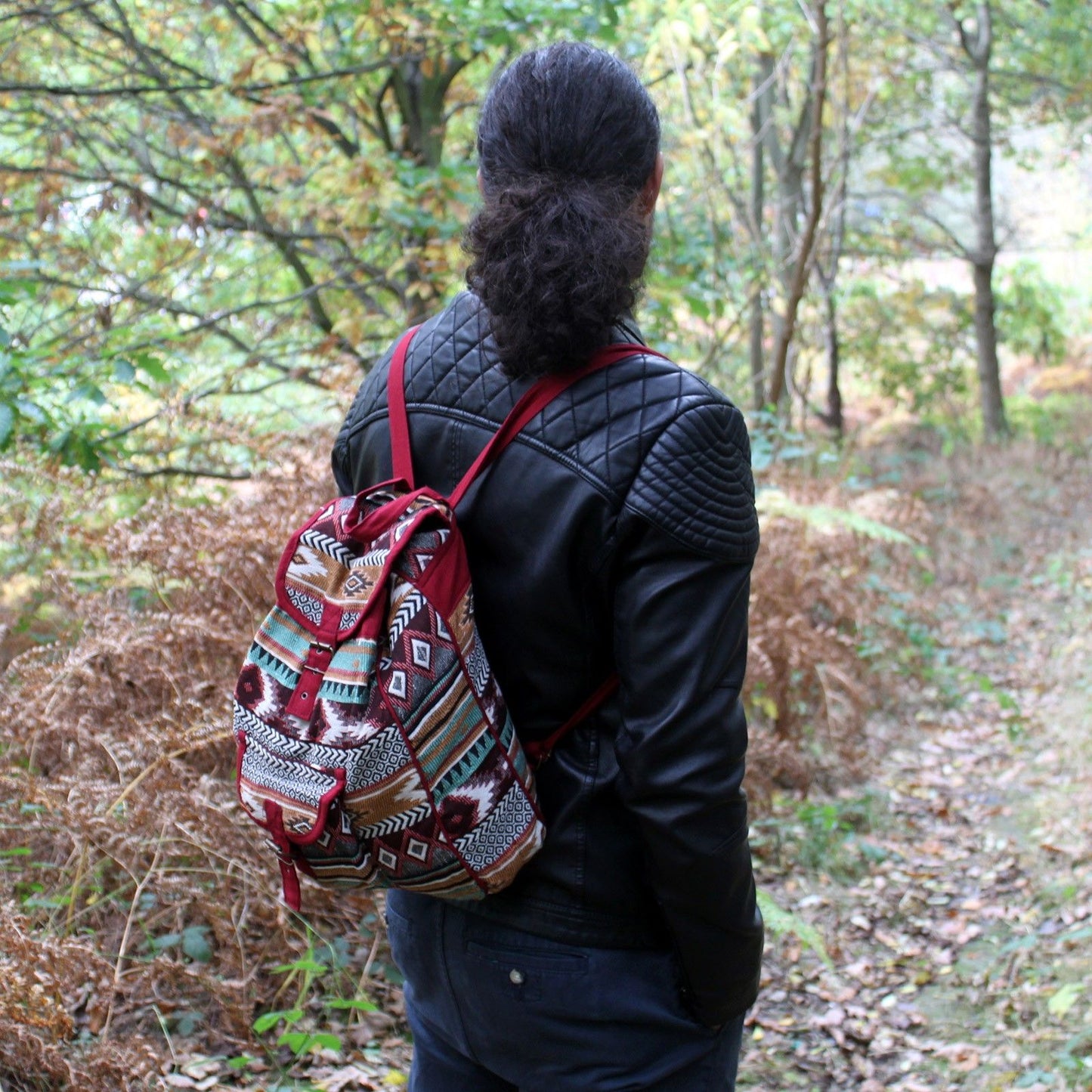 Jacquard Bag - Chocolate Backpack lifestyle product photo on neutral background