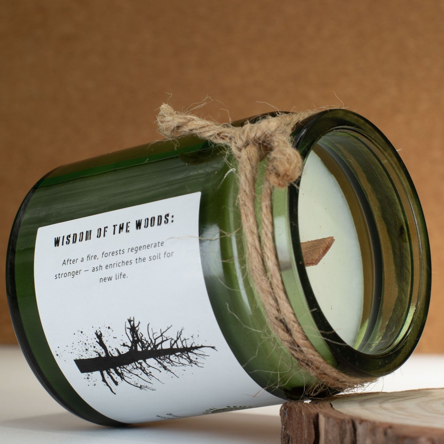Detailed close up view highlighting the high quality craftsmanship and individual features of the greenman woodwick soy candle ash woodsmoke481