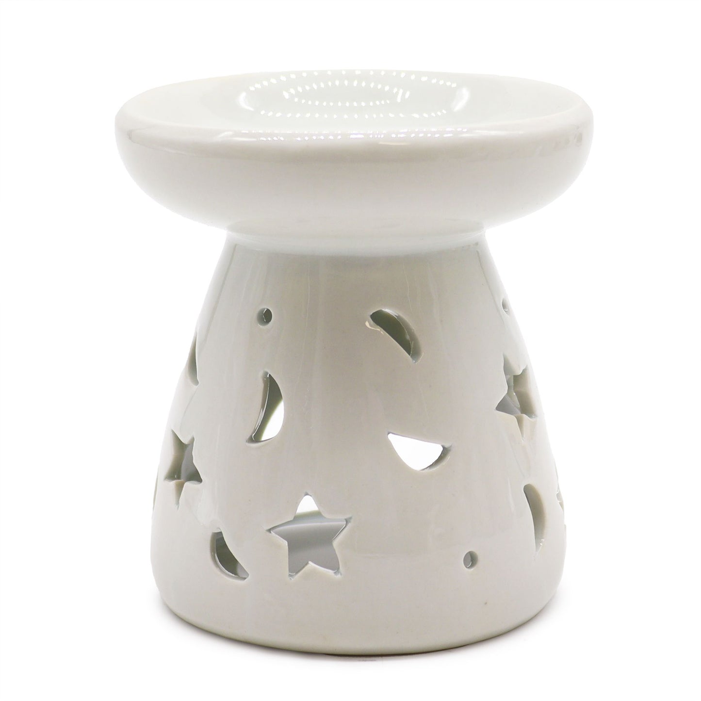 Lrg Classic White Oil Burner - Moon & Star lifestyle product photo on neutral background