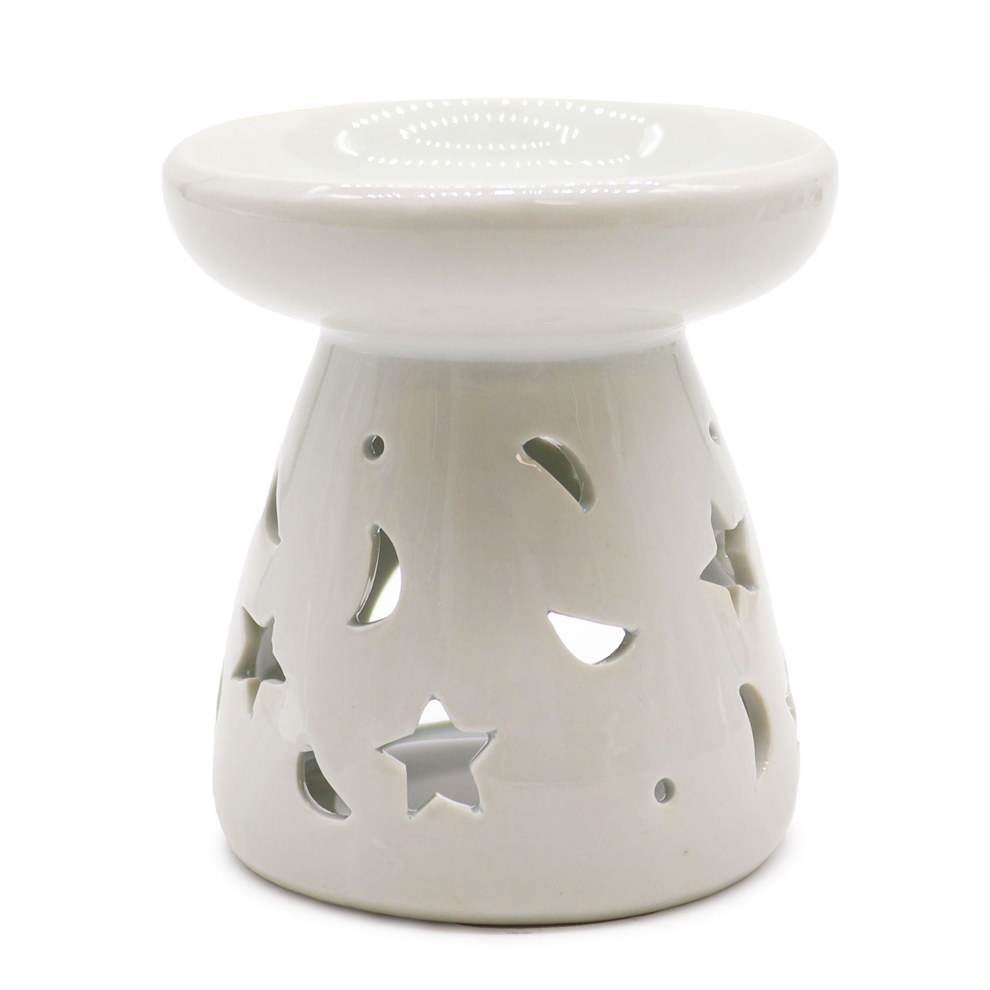 Lrg Classic White Oil Burner - Moon & Star lifestyle product photo on neutral background