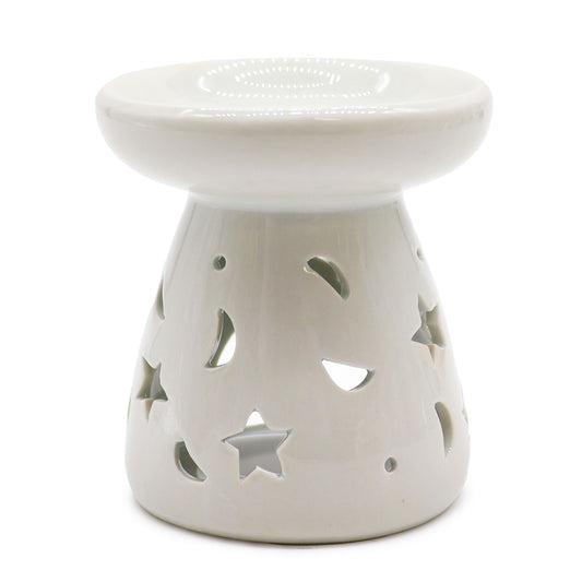 Lrg Classic White Oil Burner - Moon & Star lifestyle product photo on neutral background