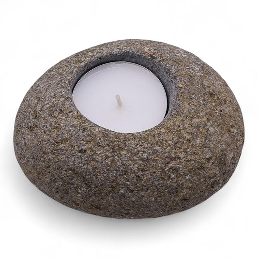 Luxury presentation of the natural riverstone candle holder single nightlight614 showing the premium artisan packaging and complete set contents
