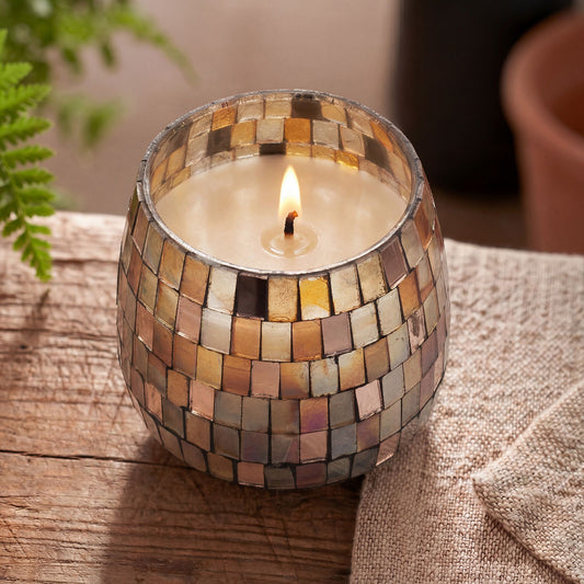 Detailed close up view highlighting the high quality craftsmanship and individual features of the medium glass jar candles amber mosaic503