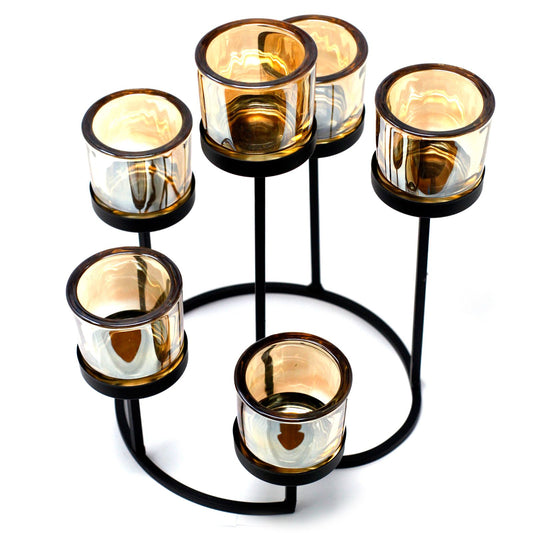 Detailed close up view highlighting the high quality craftsmanship and individual features of the centrepiece iron votive candle holder 6 cup circule tree444