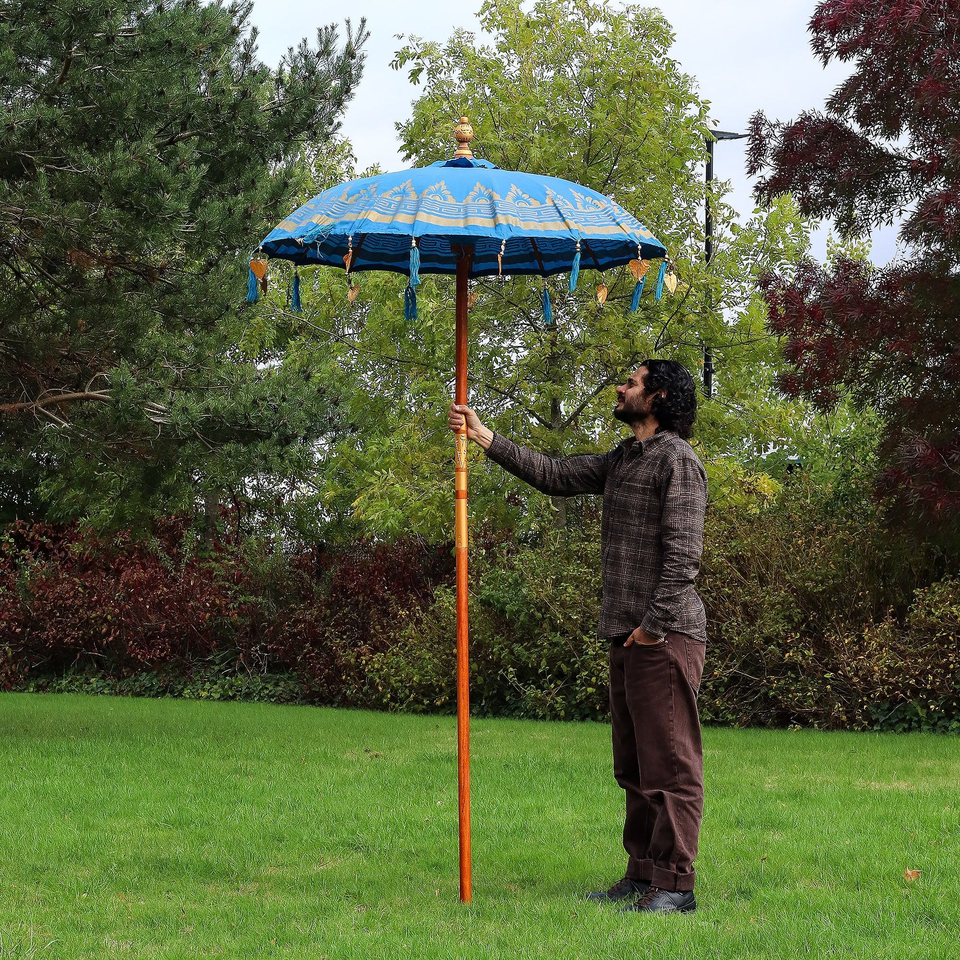 Bali Patio Parasol - Cotton - Turquoise Decor - 1.5m lifestyle product photo on neutral background
