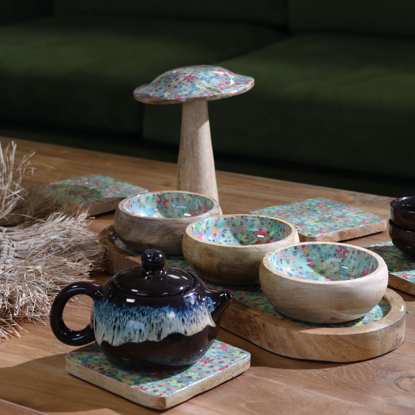 Mango Wood Tray with 3 Bowls - Mediterranean Tile pattern from our luxury mango wood bowls, trays & coasters collection