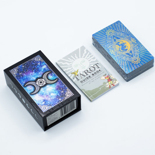 Blue Foil Tarot Card Set - Moon Face - with booklet lifestyle product photo on neutral background