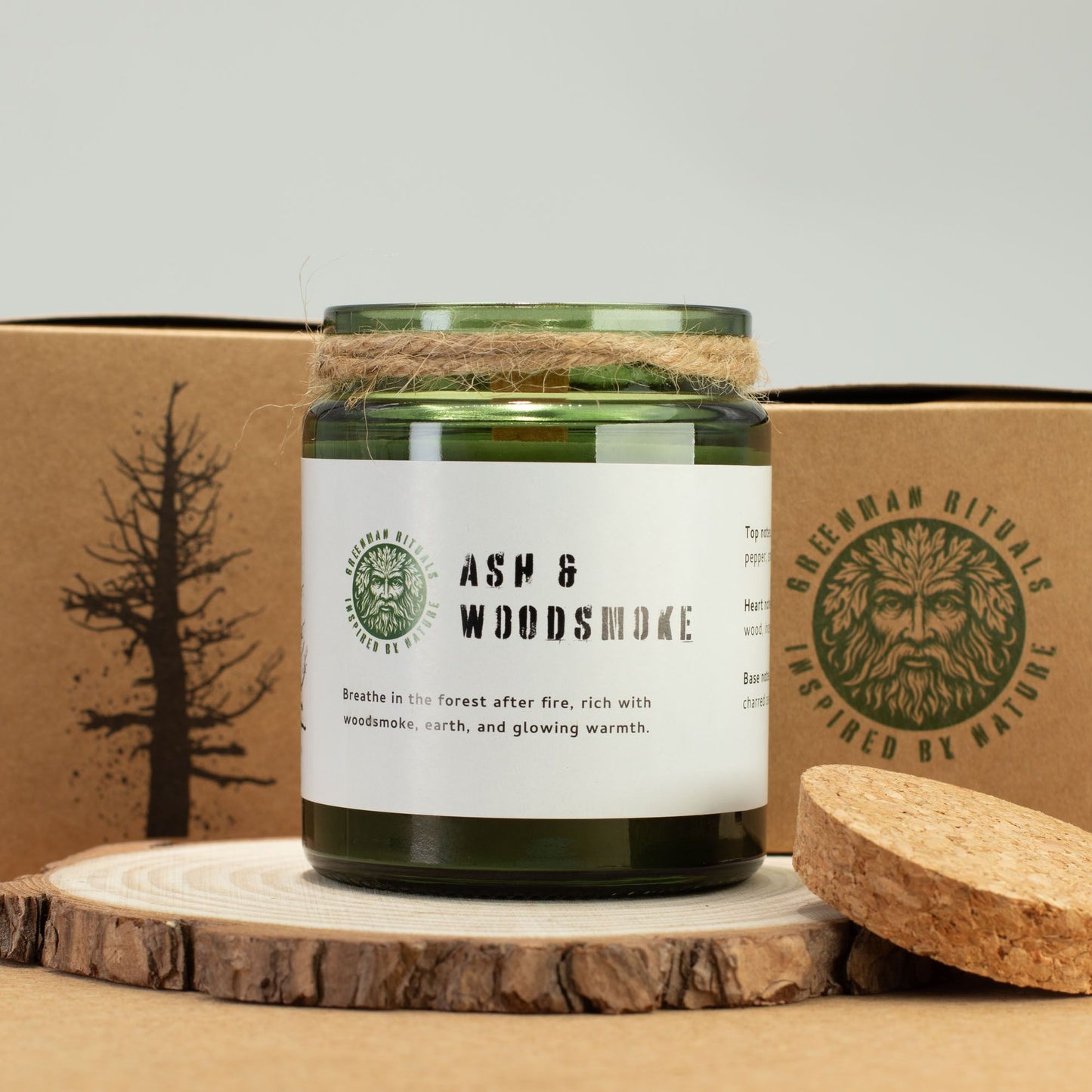 Detailed close up view highlighting the high quality craftsmanship and individual features of the greenman woodwick soy candle ash woodsmoke481