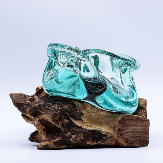 Photo 2 of Molten Glass Chunky Ashtray / Candle Holder On Wood 23cm featuring authentic premium craftsmanship.