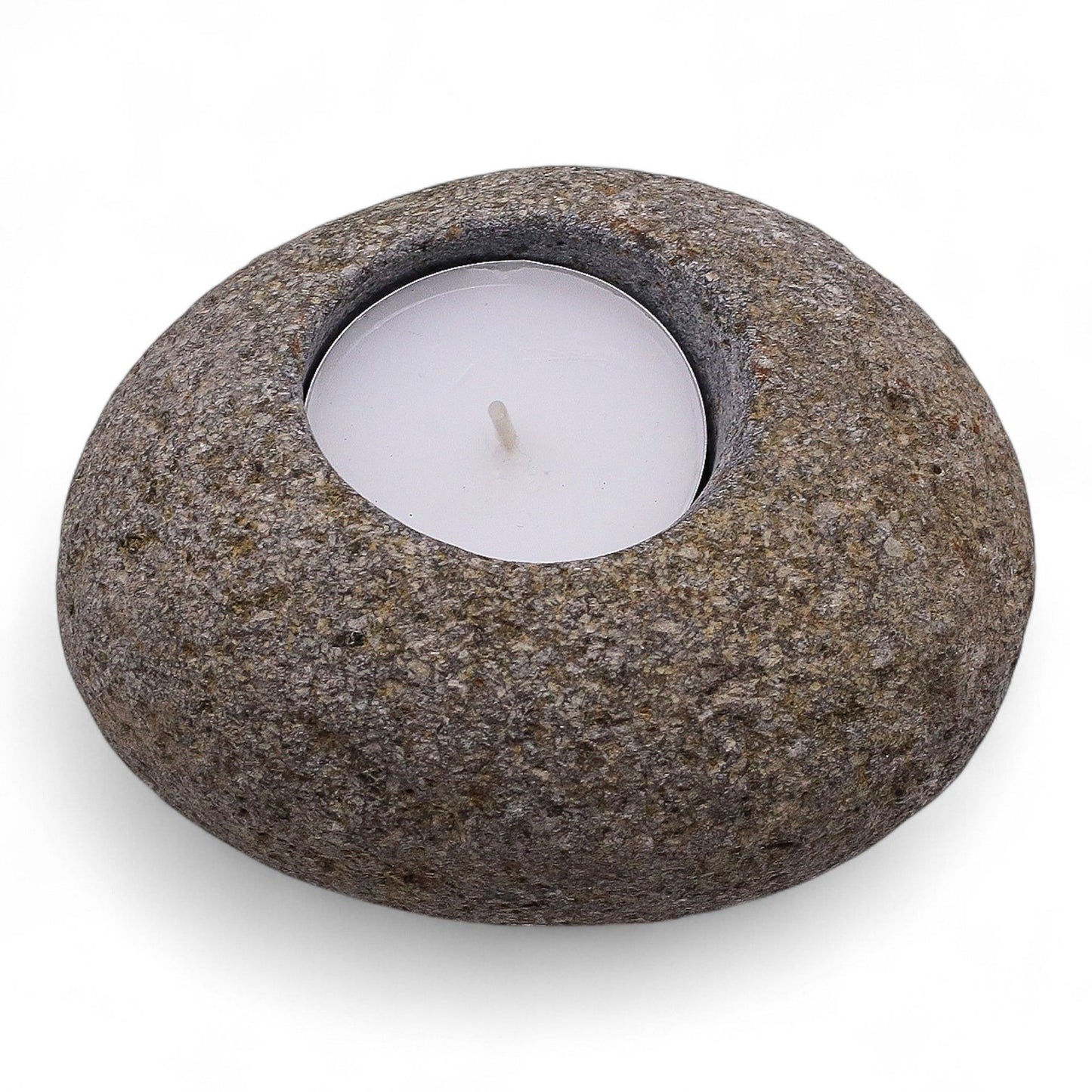 Detailed close up view highlighting the high quality craftsmanship and individual features of the natural riverstone candle holder single nightlight614