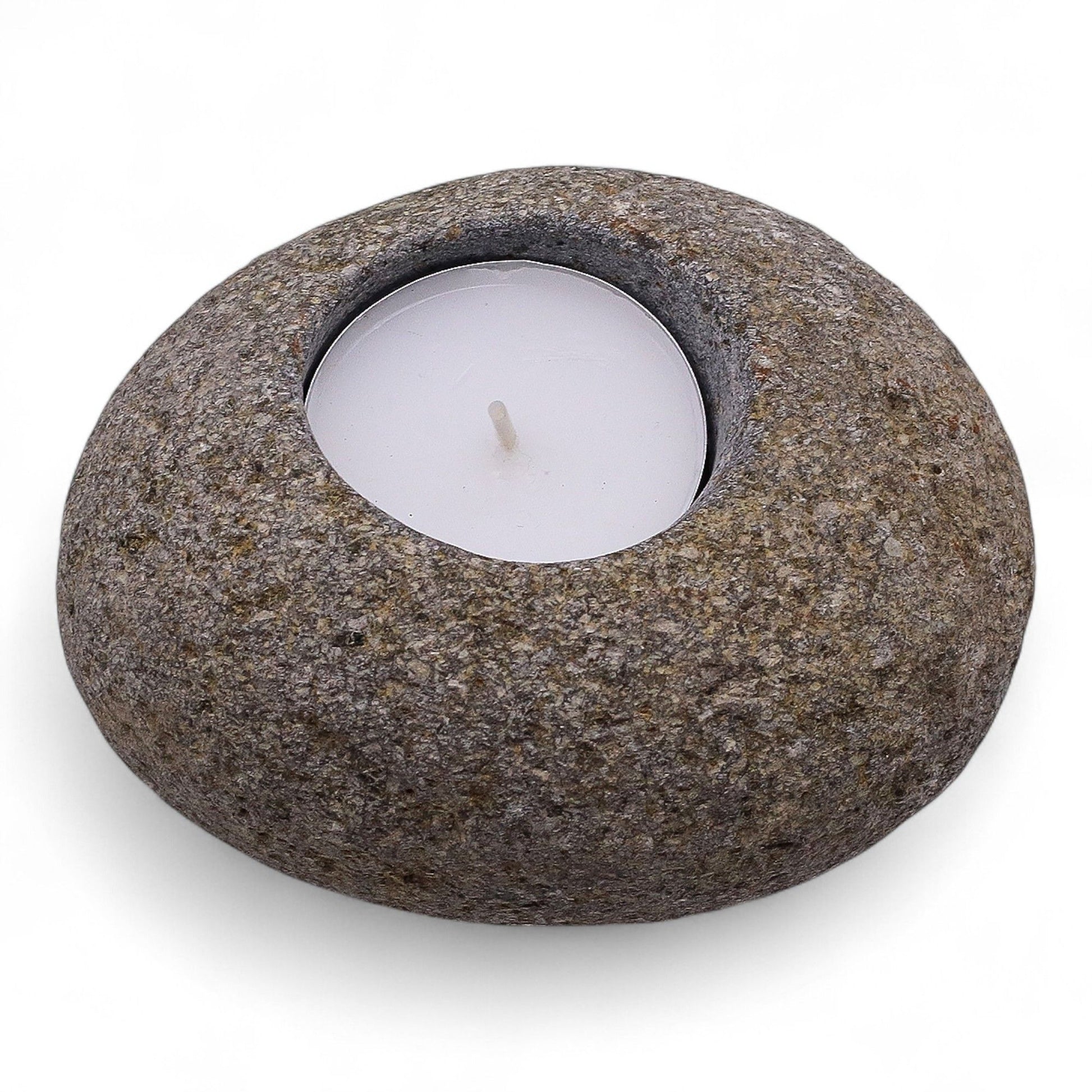 Detailed close up view highlighting the high quality craftsmanship and individual features of the natural riverstone candle holder single nightlight614