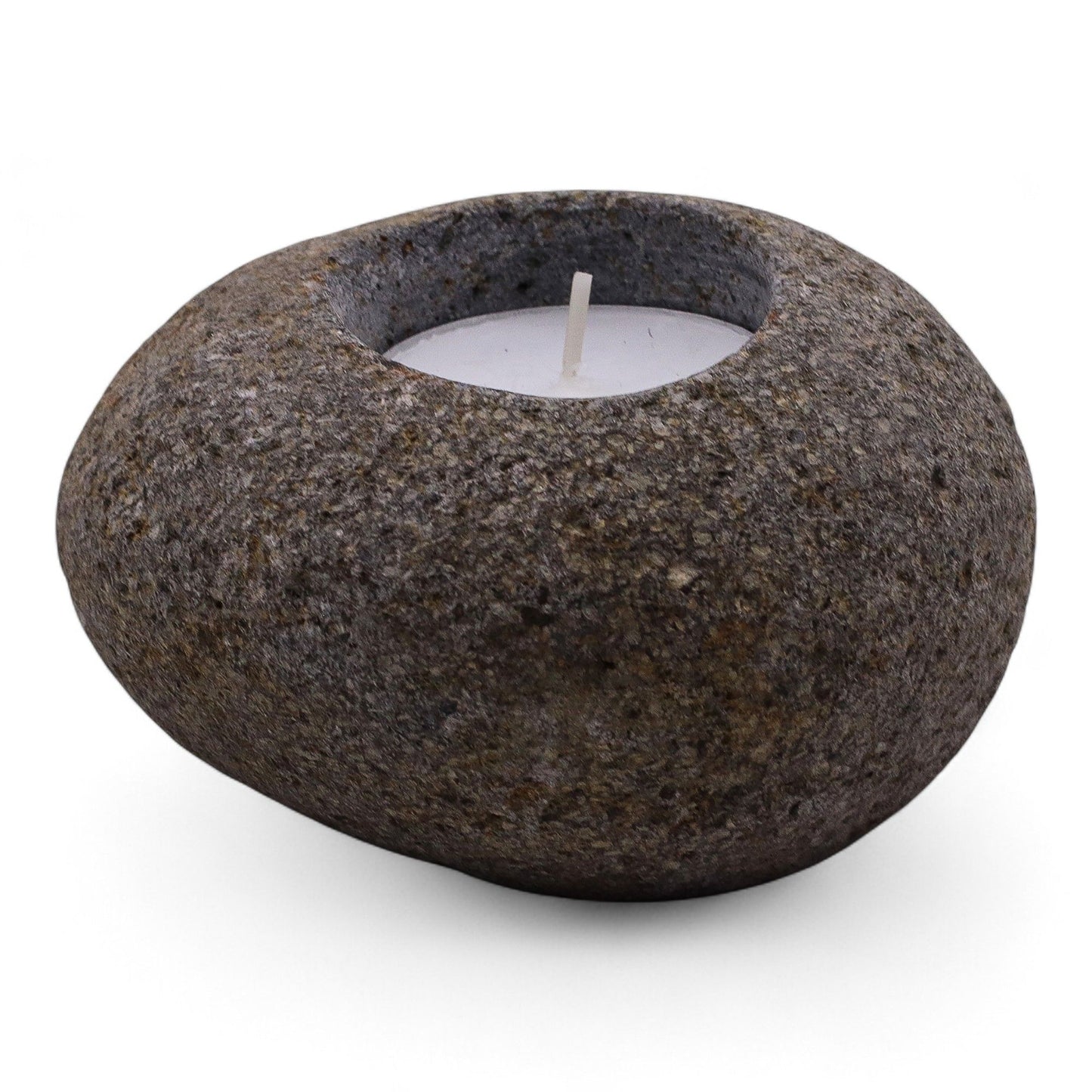 Detailed close up view highlighting the high quality craftsmanship and individual features of the natural riverstone candle holder single nightlight614