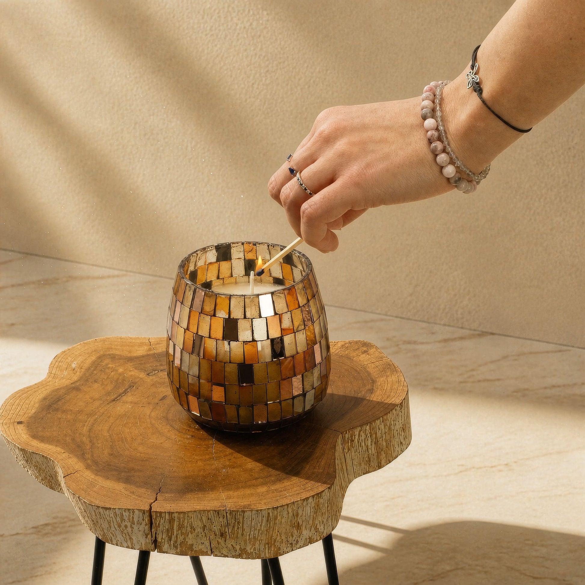 Detailed close up view highlighting the high quality craftsmanship and individual features of the medium glass jar candles amber mosaic503