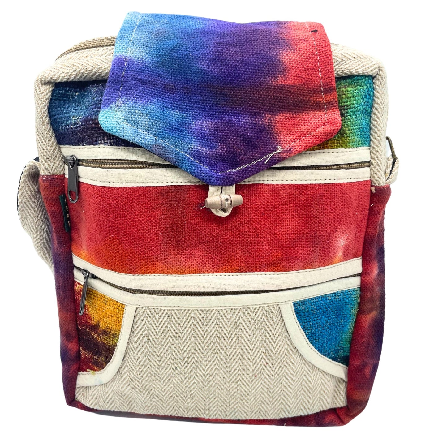 Tiedye Hemp Messegner Bag 2 Zip & Flop lifestyle product photo on neutral background