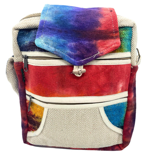 Tiedye Hemp Messegner Bag 2 Zip & Flop lifestyle product photo on neutral background
