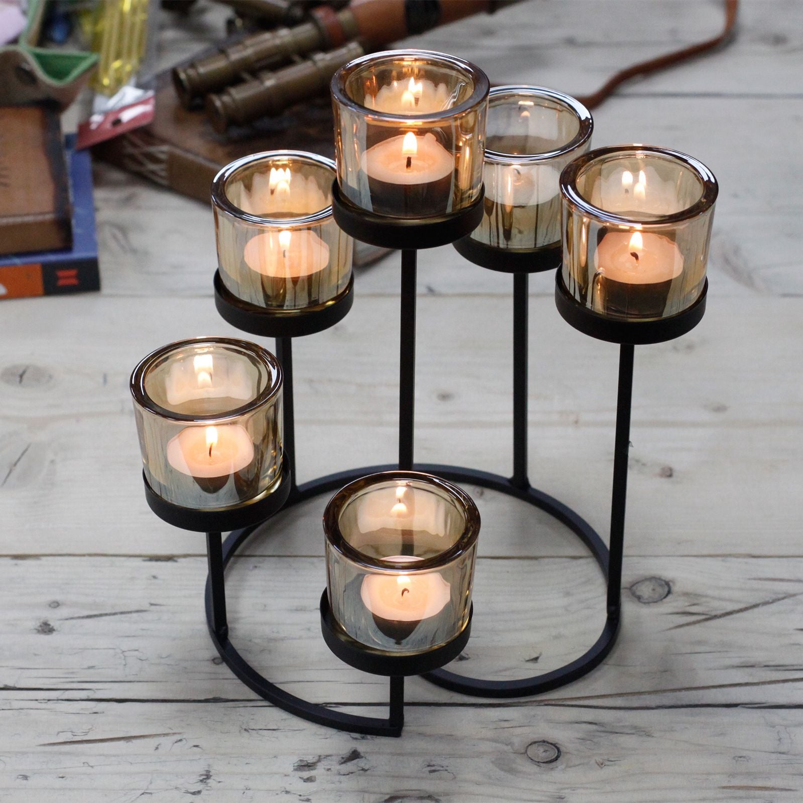 Detailed close up view highlighting the high quality craftsmanship and individual features of the centrepiece iron votive candle holder 6 cup circule tree444
