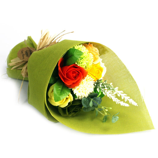 Luxury presentation of the standing soap flower bouquet green yellow837 showing the premium artisan packaging and complete set contents