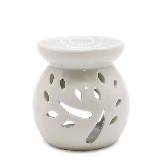 Sm Classic White Oil Burner - Tree Cut-out lifestyle product photo on neutral background