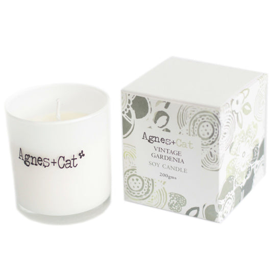 Luxury presentation of the agnes cat votive candle vintage gardenia528 showing the premium artisan packaging and complete set contents