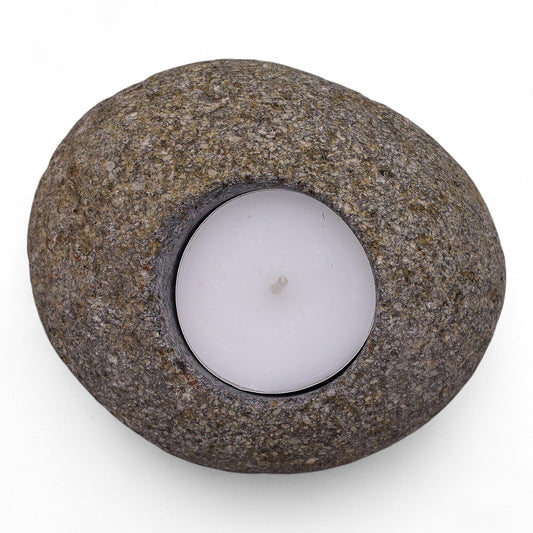 Detailed close up view highlighting the high quality craftsmanship and individual features of the natural riverstone candle holder single nightlight614