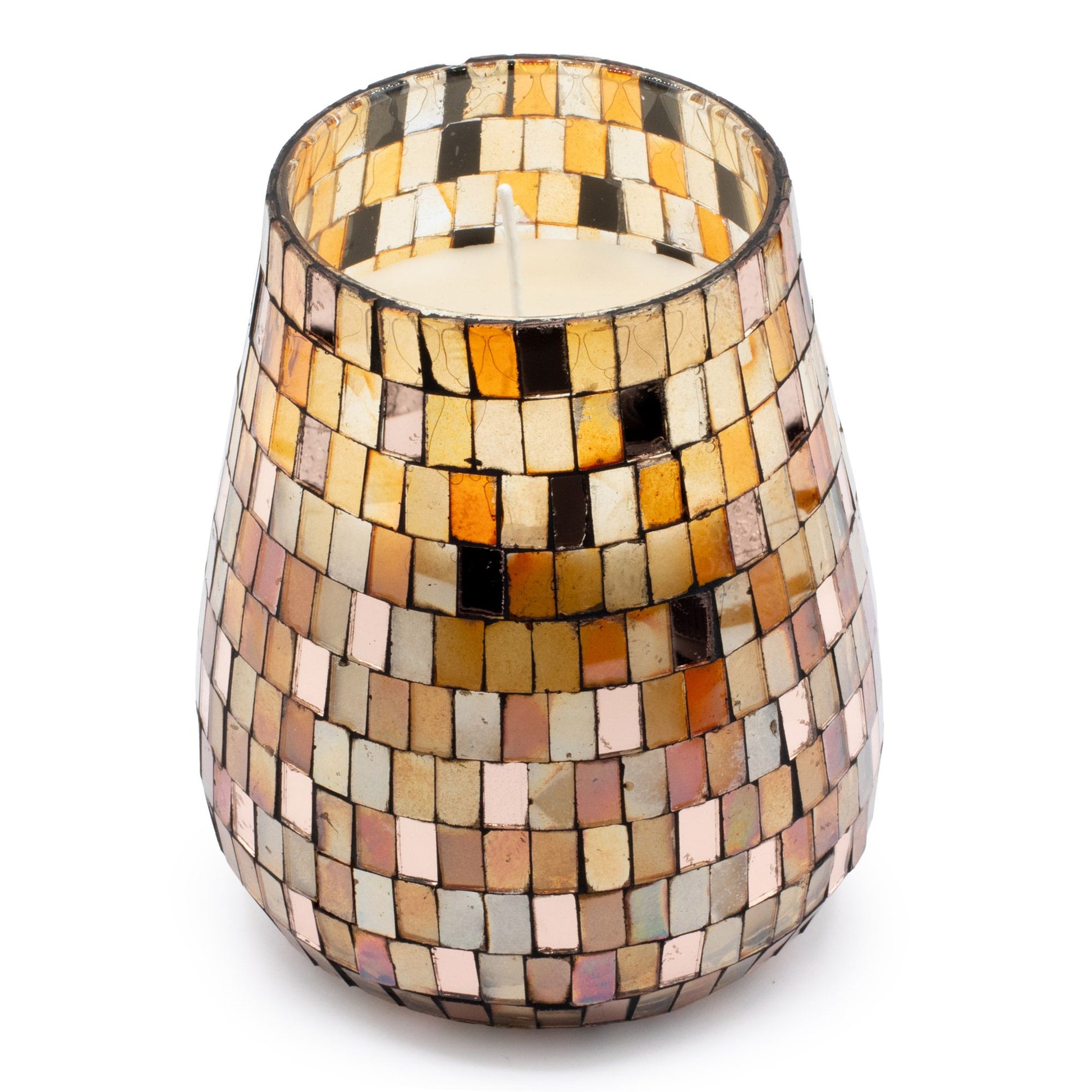 Detailed close up view highlighting the high quality craftsmanship and individual features of the tall glass jar candles amber mosaic497
