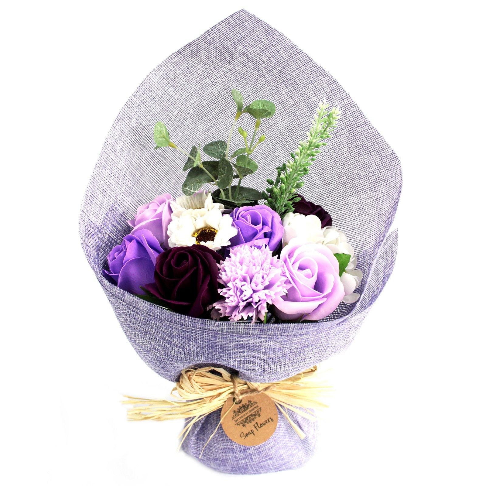 Luxury presentation of the standing soap flower bouquet purple858 showing the premium artisan packaging and complete set contents