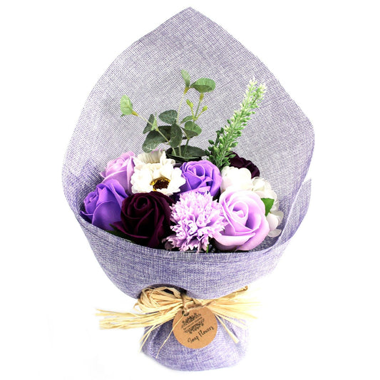Luxury presentation of the standing soap flower bouquet purple858 showing the premium artisan packaging and complete set contents