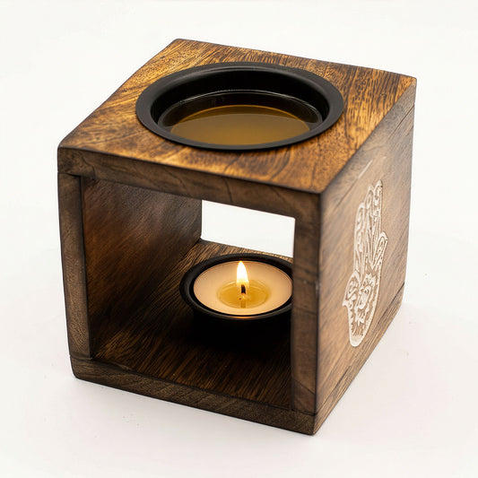 Square Mango Wood Oil Burner  - Hamsa lifestyle product photo on neutral background