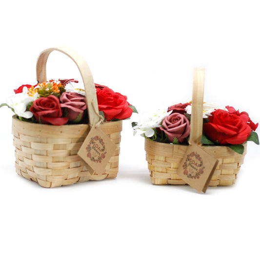 Detailed close up view highlighting the high quality craftsmanship and individual features of the large red bouquet in wicker basket823