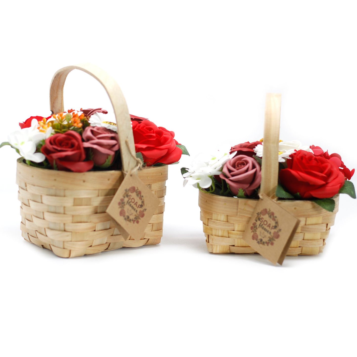 Detailed close up view highlighting the high quality craftsmanship and individual features of the medium red bouquet in wicker basket843