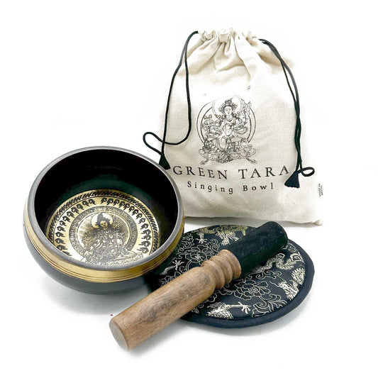 Hand Beaten & Engraved Singing Bowl Gift Set - 14cm - Green Tara lifestyle product photo on neutral background