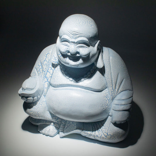 Laughing Buddha Lamp Sky Blue - Round Stand lifestyle product photo on neutral background