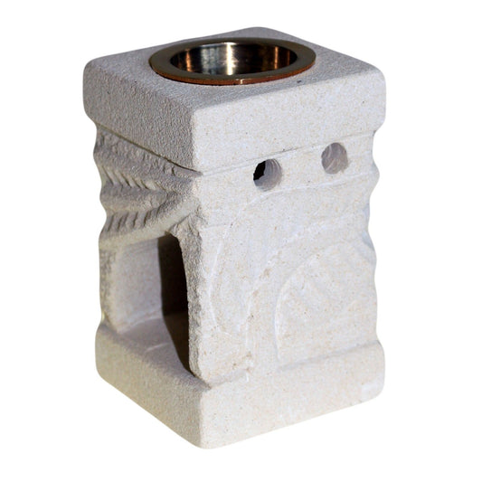 Stone Oil Burner - Carved Leaf lifestyle product photo on neutral background