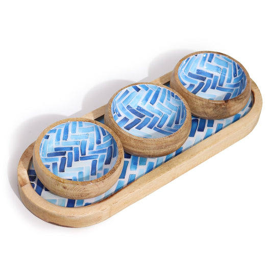 Mango Wood Tray with 3 Bowls - Blue Stripes from our luxury mango wood bowls, trays & coasters collection