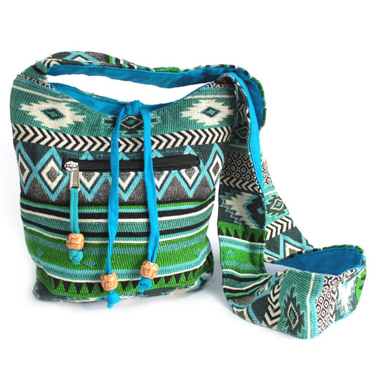 Jacquard Bag - Teal Sling Bag lifestyle product photo on neutral background